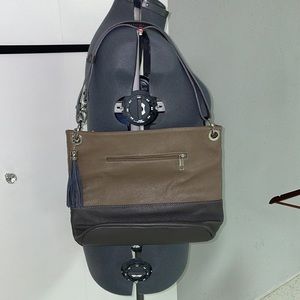 Taupe & Gray Pebbled Leather Tassled Tote